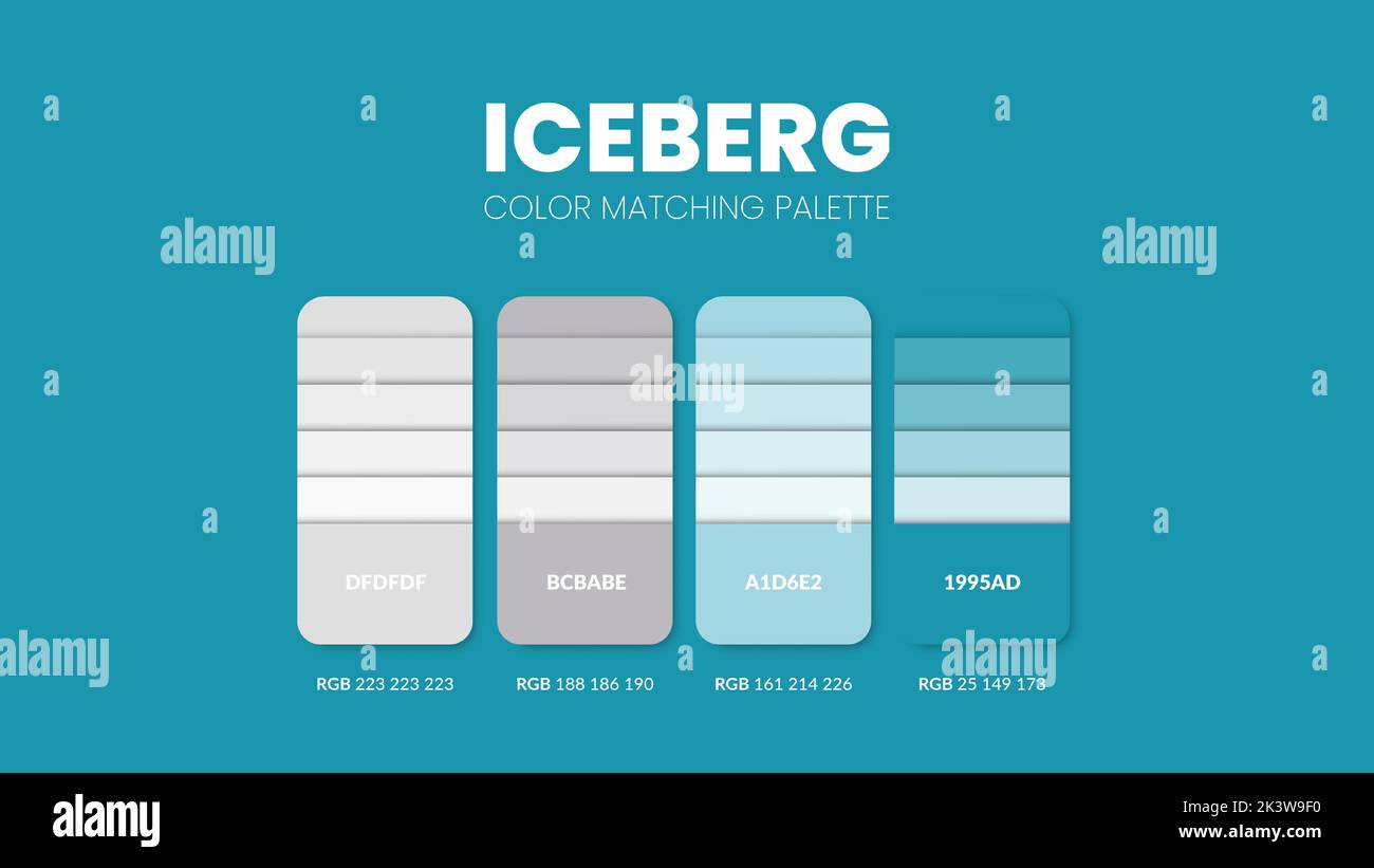 Iceberg color guide book cards samples. Color theme palettes or color schemes collection. Colour combinations in RGB or HEX. Set of trend color swatch Stock Vector