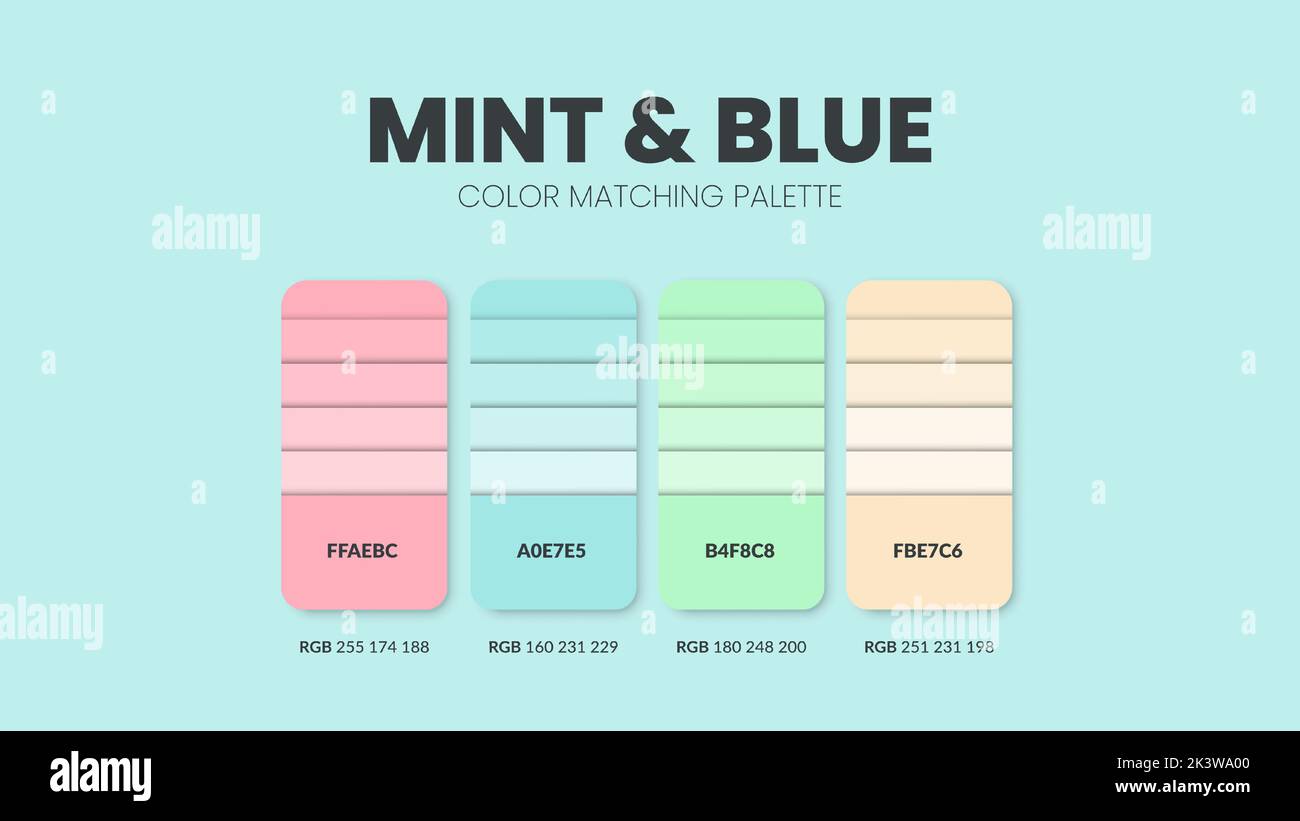 Mint color guide book cards samples. Color theme palettes or color schemes collection. Colour combinations in RGB or HEX. Set of trend color swatch ca Stock Vector