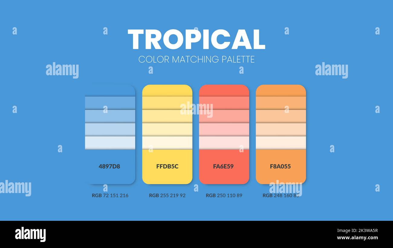 Tropical color guide book cards samples. Color theme palettes or color schemes collection. Colour combinations in RGB or HEX. Set of trend color swatc Stock Vector