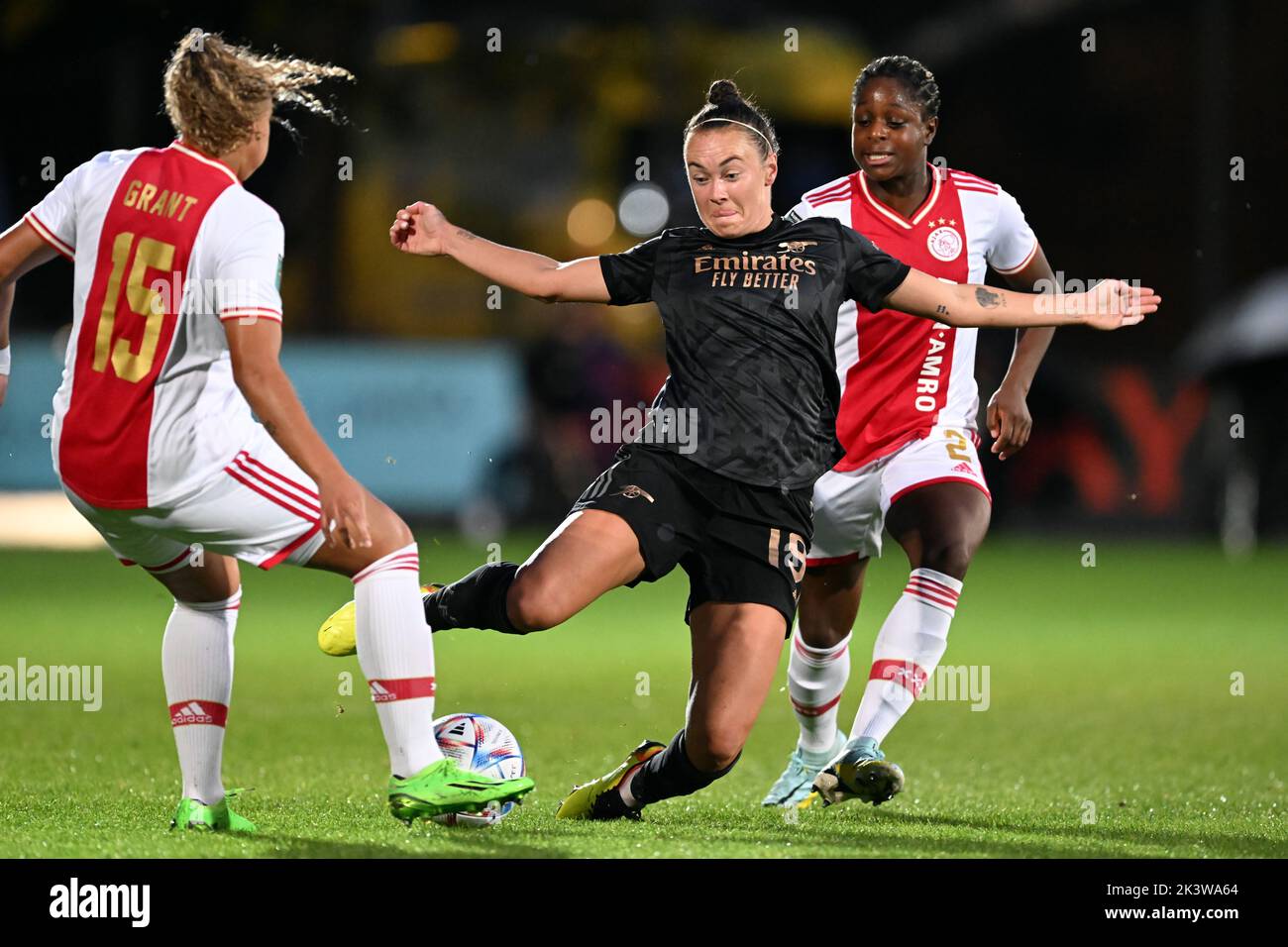 AMSTERDAM - (lr) Chasity Grant of Ajax women, Caitlin Foord of Arsenal WFC, Liza van der Most of Ajax women during the UEFA Champions League women's match between Ajax Amsterdam and Arsenal FC at De Toekomst sports complex on September 28, 2022 in Amsterdam, Netherlands . ANP GERRIT VAN COLOGNE Stock Photo