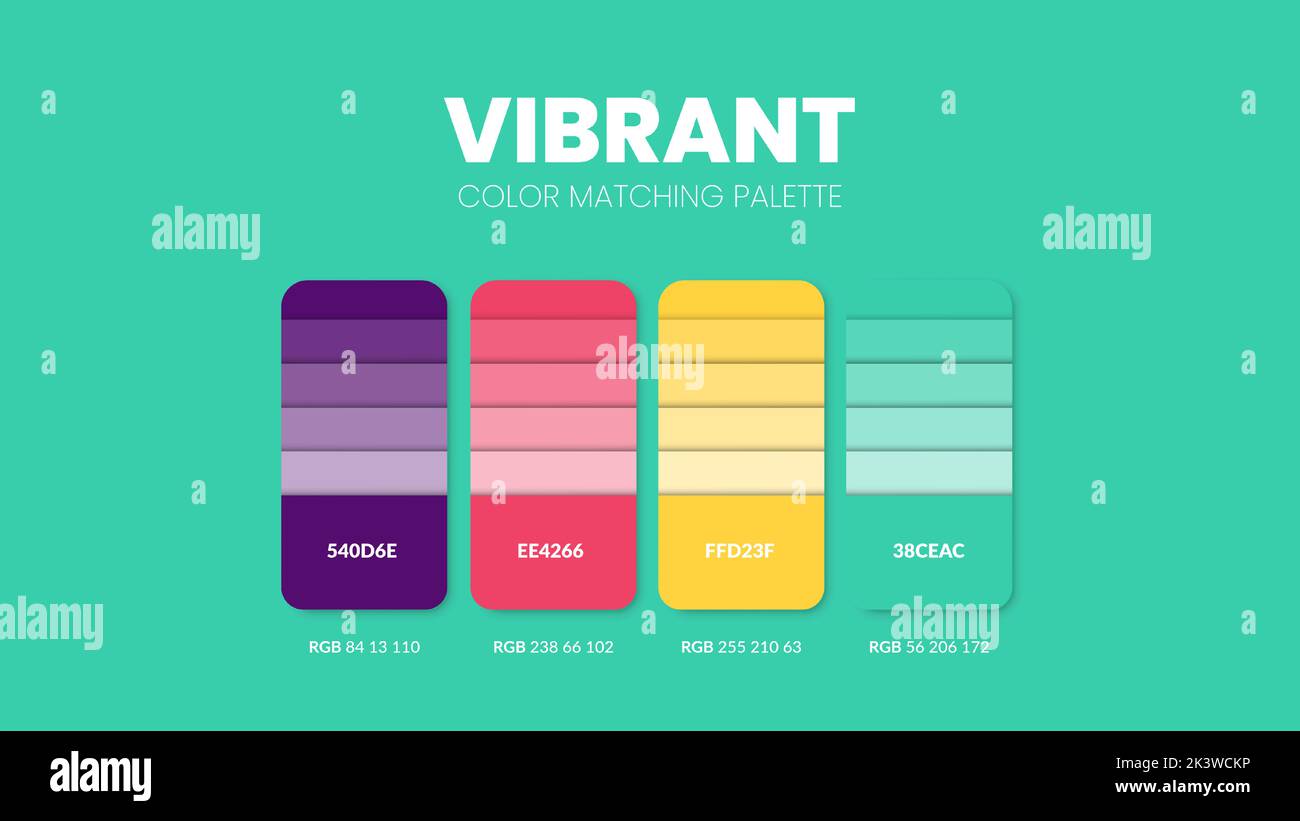 Vibrant color guide book cards samples. Color theme palettes or color schemes collection. Colour combinations in RGB or HEX. Set of trend color swatch Stock Vector