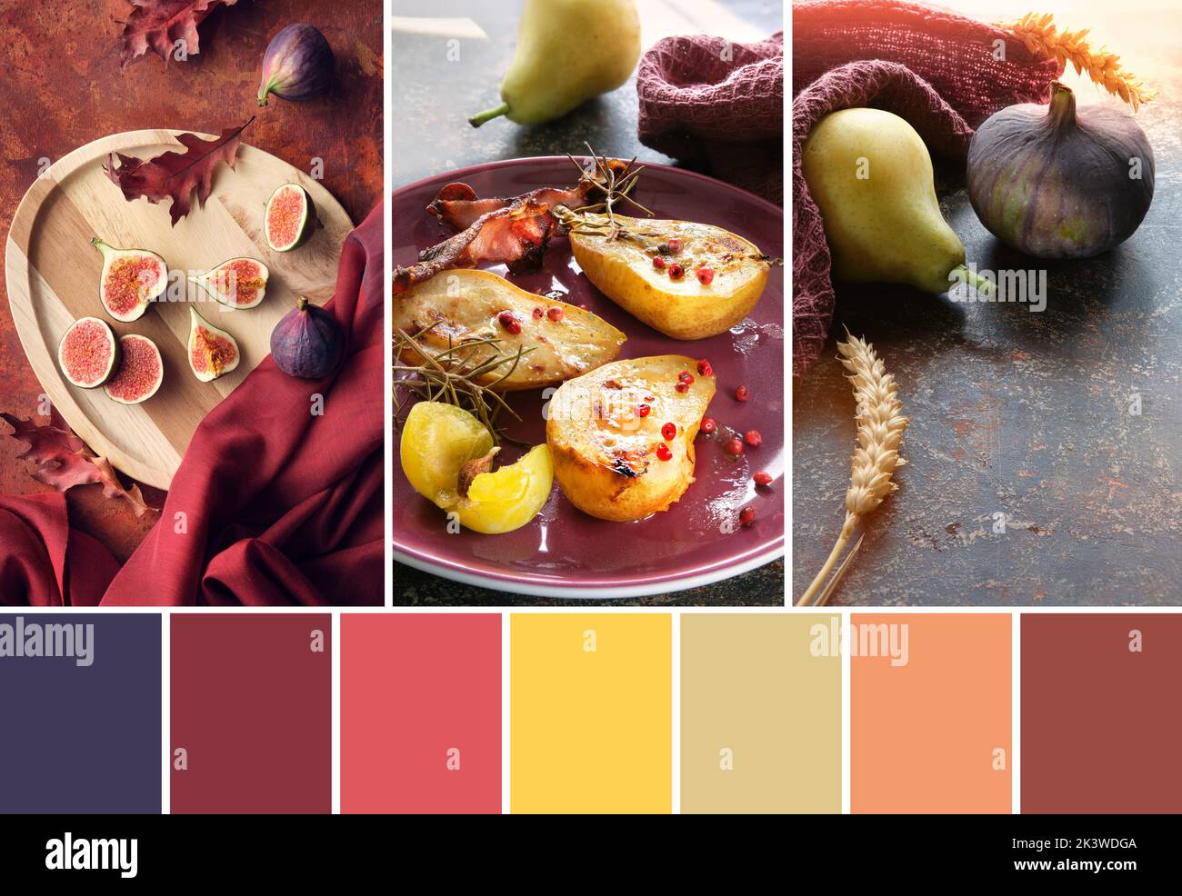 Muted Autumn color matching palette from images of Fall fruits. Red and purple figs on brown wood, baked yellow pear and Mirabelle plums and wheat ear Stock Photo