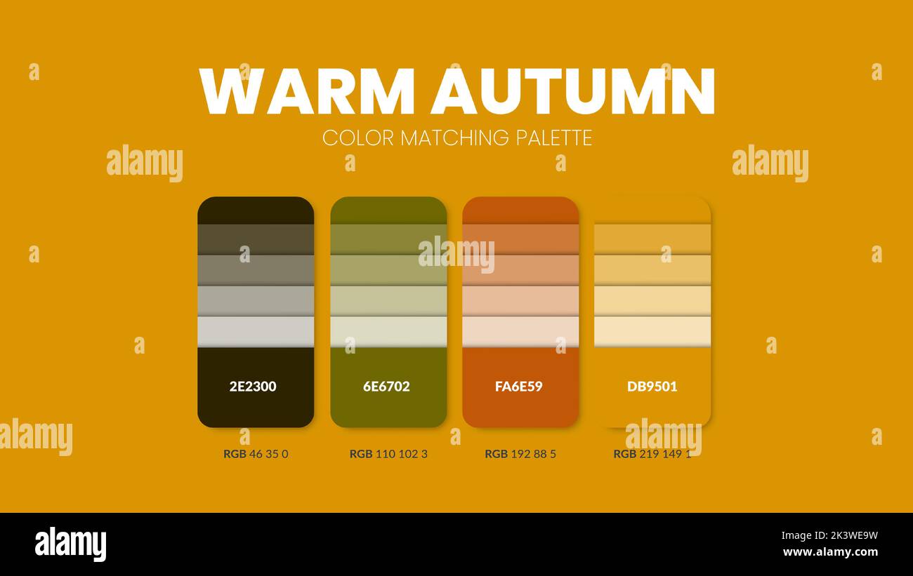 Warm Autumn color guide book cards samples. Color theme palettes or color schemes collection. Colour combinations in RGB or HEX. Set of trend color sw Stock Vector