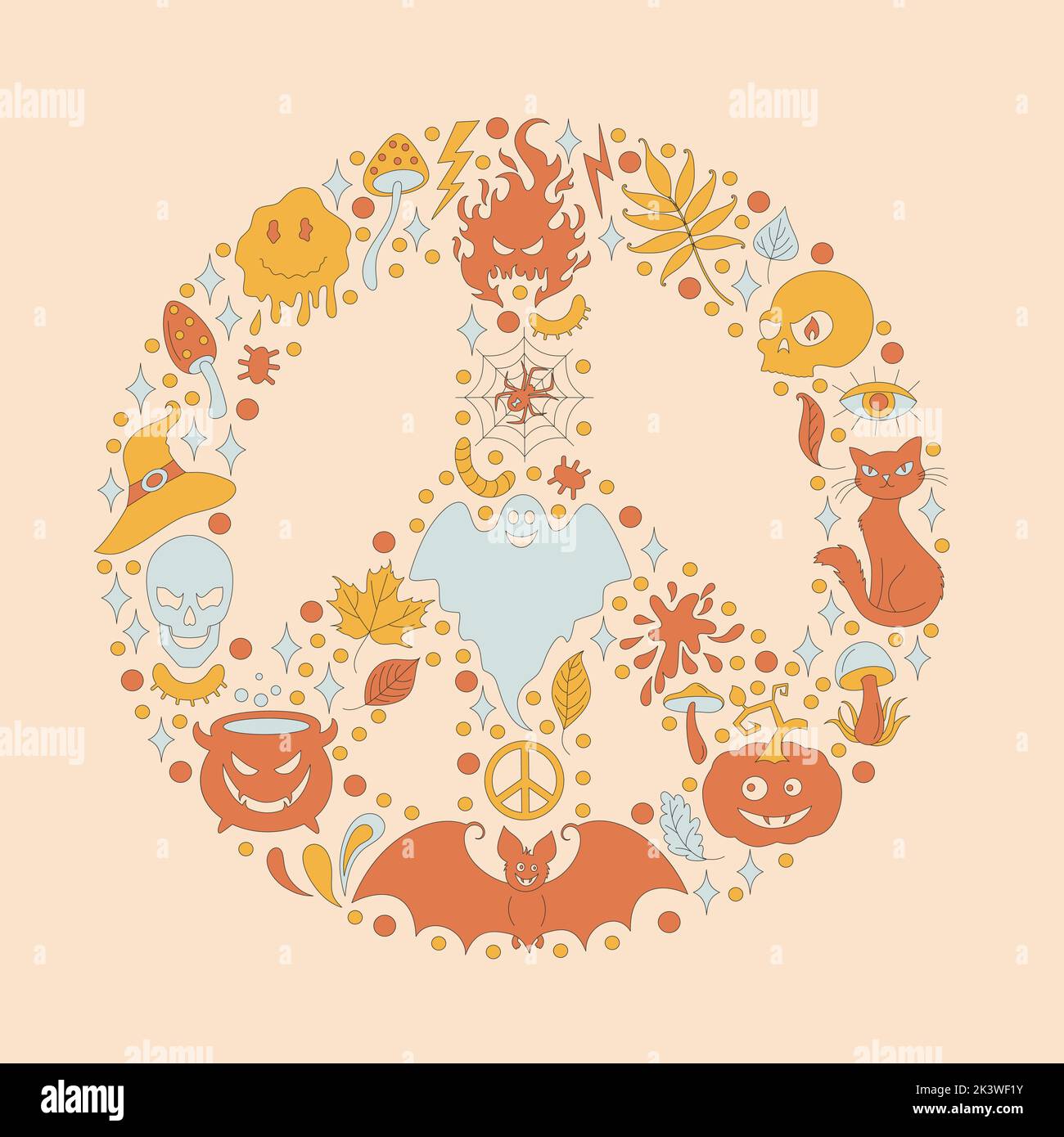 Retro frame with 70s style Halloween elements.  Stock Vector