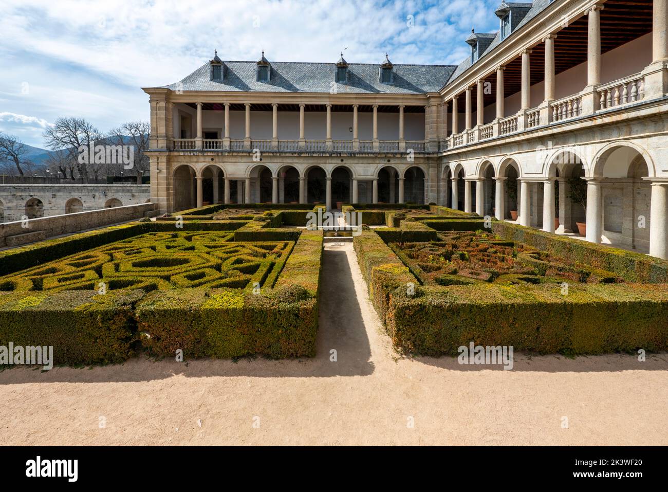 Gardens with hedges in an interior wing of the Escorial Monastery Stock Photo