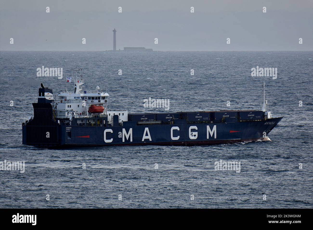 General view of the Aknoul leaving Marseille. Ro-ro ship chartered by the CMA-CGM, the Aknoul left the port of Marseilles for Romania with the largest French cargo ever shipped to Ukraine since the start of the war. Stock Photo