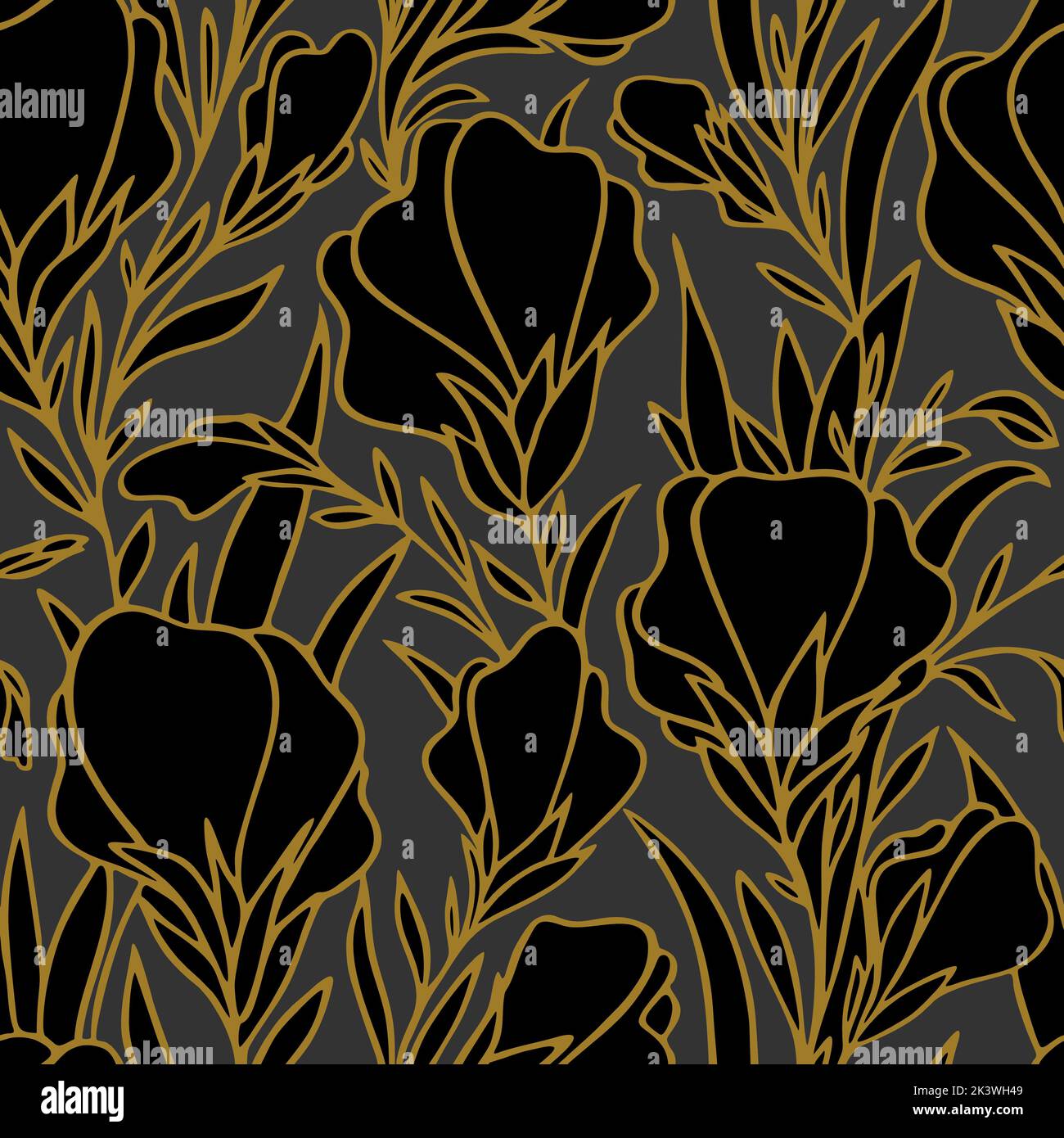 seamless pattern of large black flowers with a golden outline on a dark ...