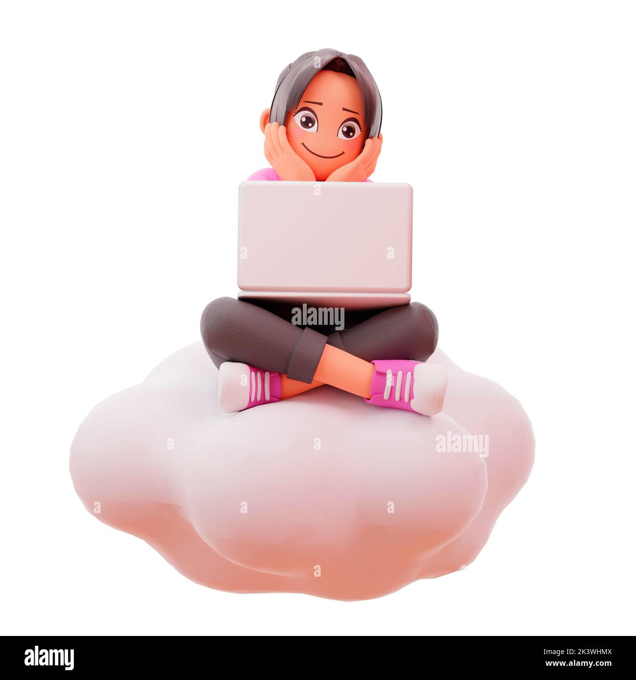 A 3d rendering illustration of a happy, cute girl sitting crossed legs ...