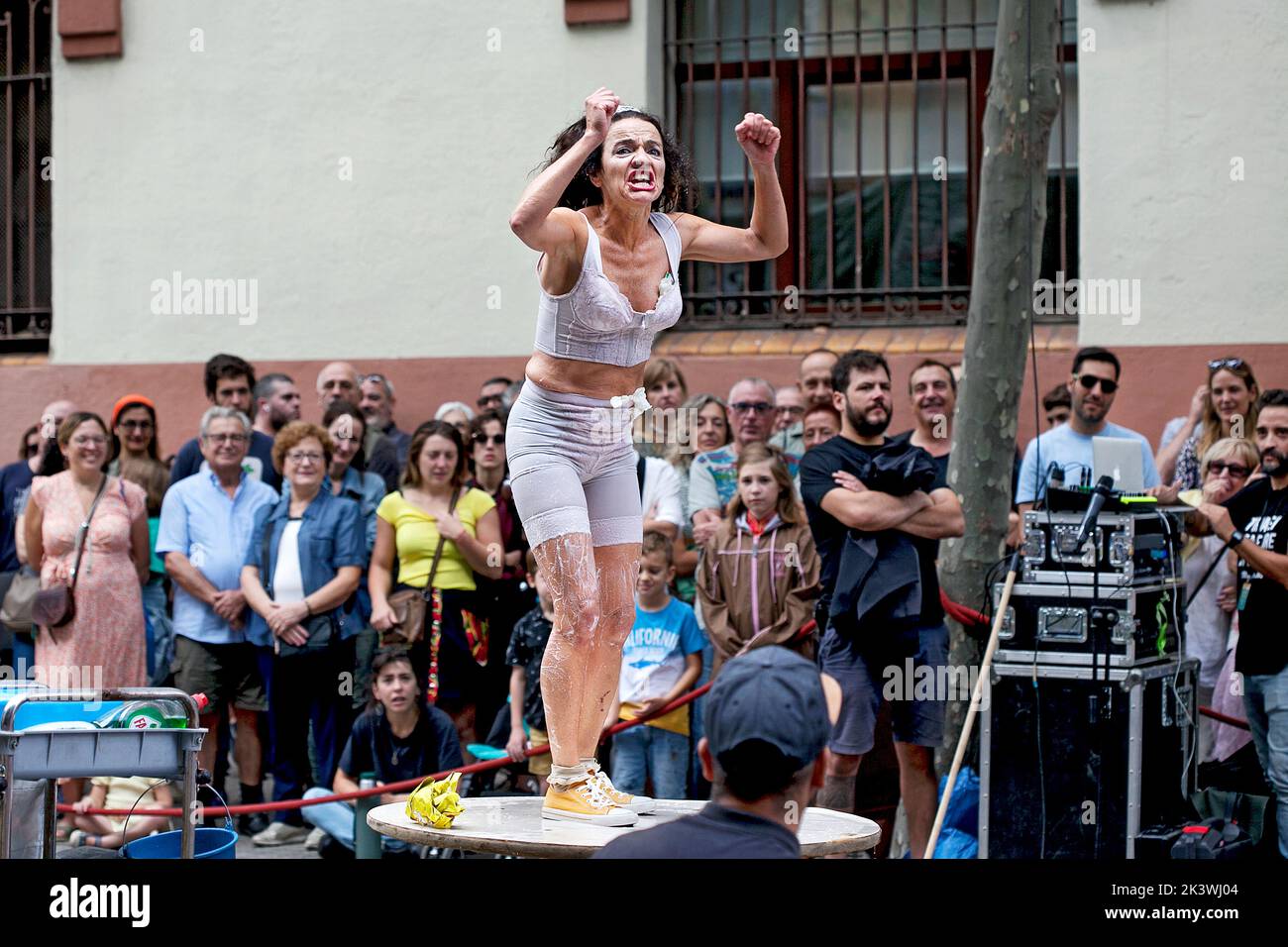 Female clown act, La Mercè, Barcelona, Spain. Stock Photo
