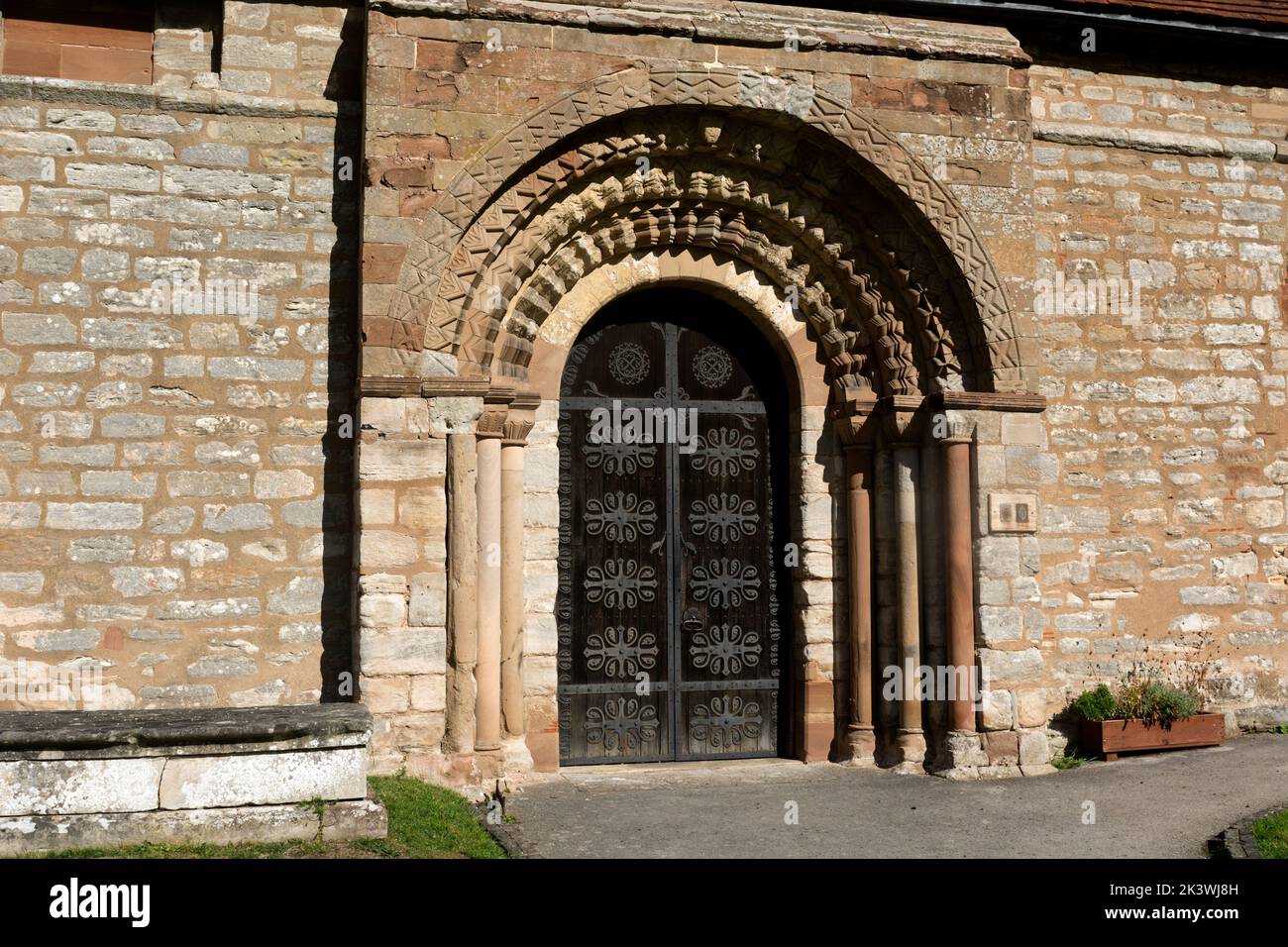 The Norman south door, St. Nicholas Church, Beaudesert, Henley-in-Arden, Warwickshire, England, UK Stock Photo