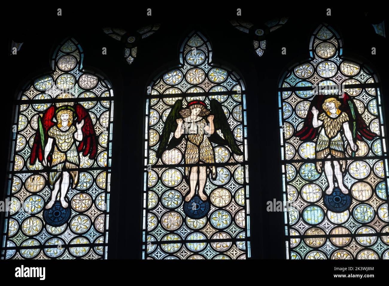 Angels stained glass, St. Nicholas Church, Beaudesert, Henley-in-Arden, Warwickshire, England, UK Stock Photo