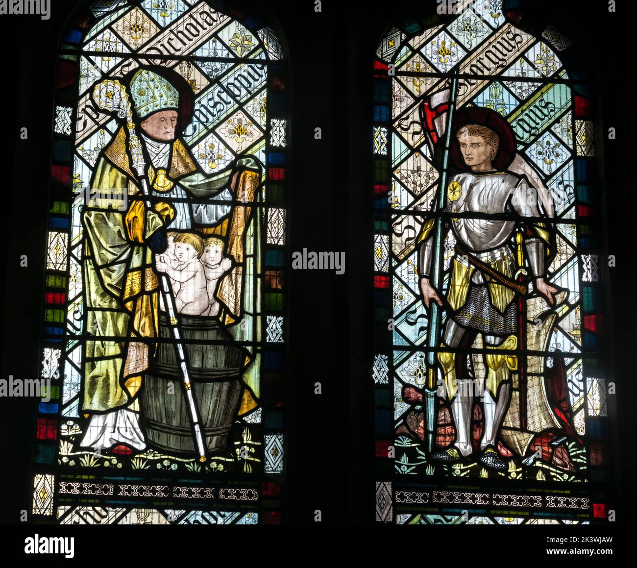 Saint Nicholas and Saint George stained glass, St. Nicholas Church, Beaudesert, Henley-in-Arden, Warwickshire, England, UK Stock Photo