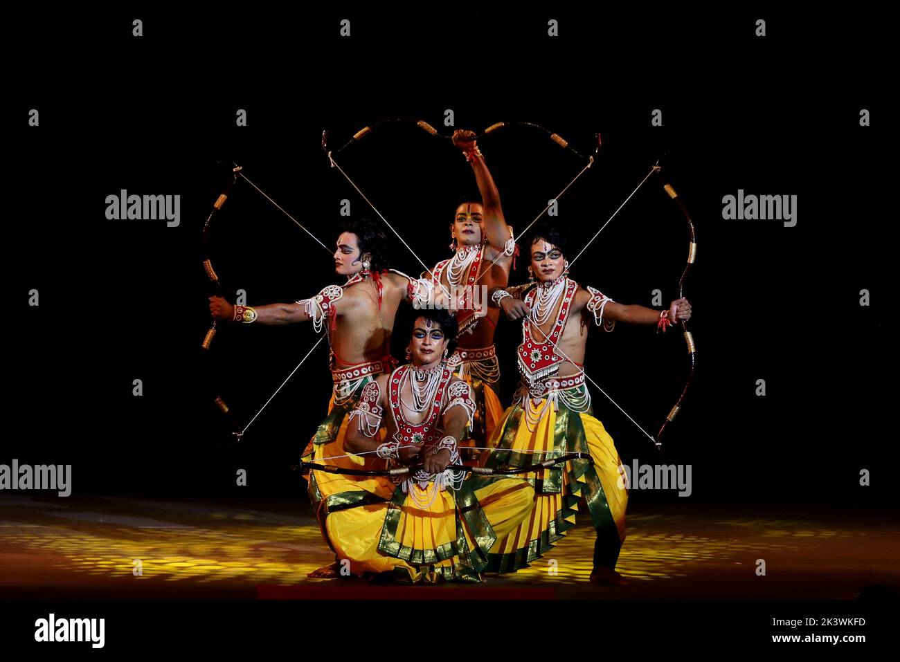 Artists perform 'Ramlila,' a 10-day enactment of the life of Hindu deity Rama which culminates in the festival of Dussehra, organised by Shriram Bharatiya Kala Kendra. The 10 days are also known as the Vijayadashami celebration, at the end of Navratri every year. The day marks Lord Ram's defeat over the evil king of the demons, Ravana. Stock Photo