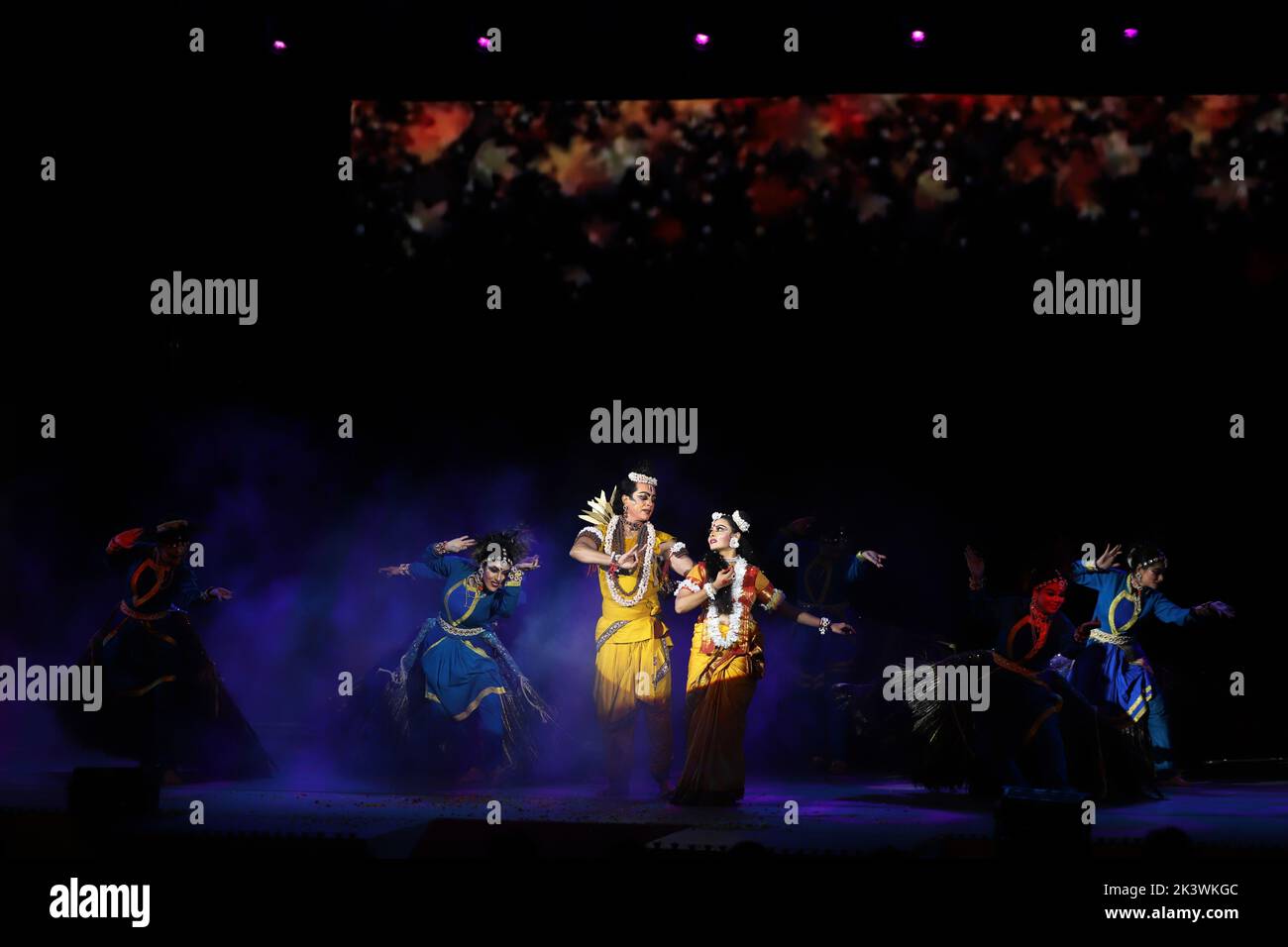 Artists perform in the roles of Sita (R), the wife of Hindu god Rama (L), in the 'Ramlila,' a 10-day enactment of the life of Hindu deity Rama which culminates in the festival of Dussehra, organised by Shriram Bharatiya Kala Kendra. The 10 days are also known as the Vijayadashami celebration, at the end of Navratri every year. The day marks Lord Ram's defeat over the evil king of the demons, Ravana. Stock Photo