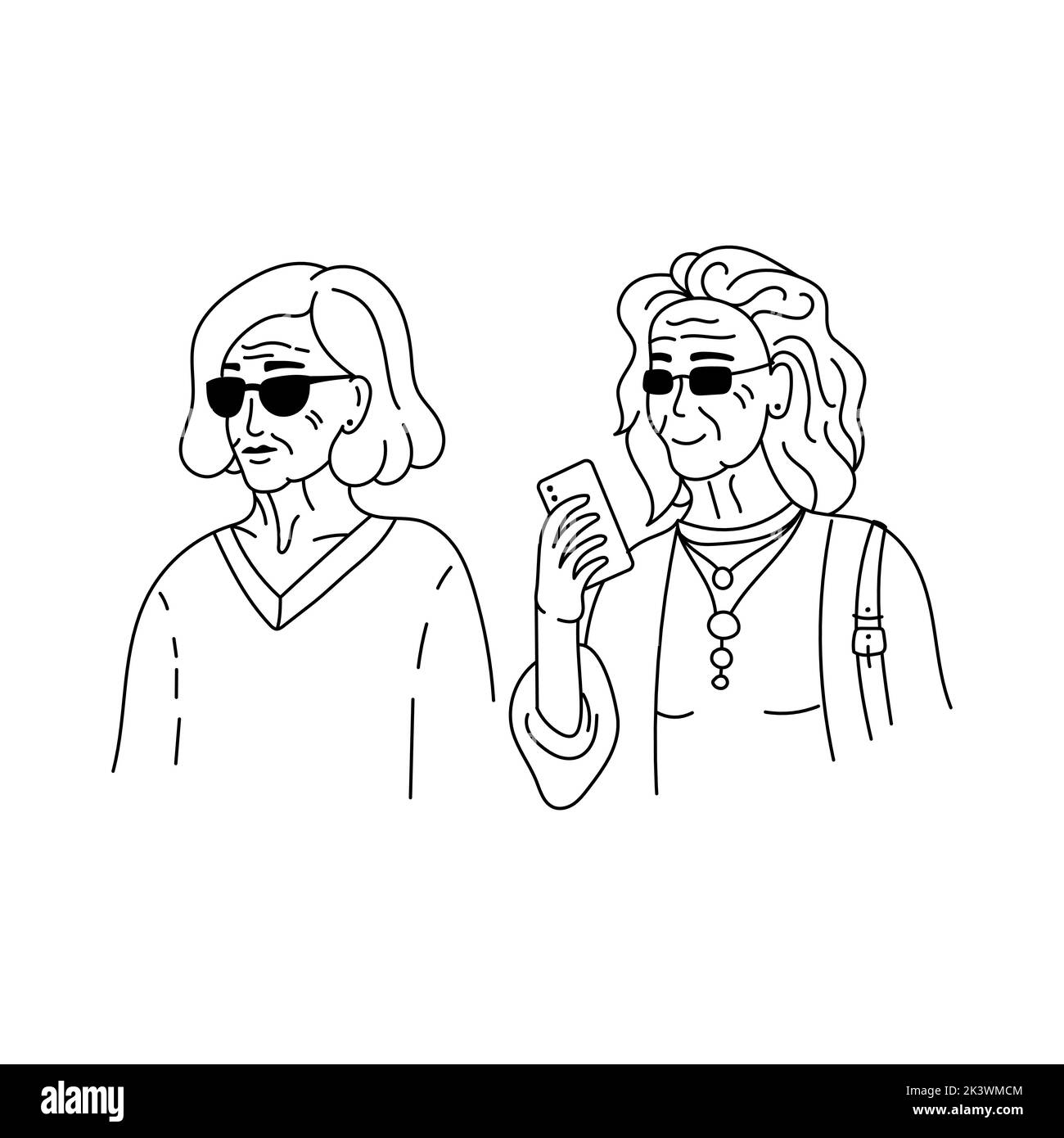 Two old fashion girlfriends. Line art doodle illustration for print, graphic design, stickers and poster template Stock Vector