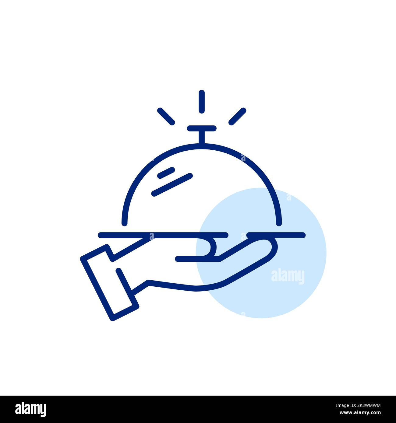 Room service. Hand holding restaurant cloche on a tray. Pixel perfect