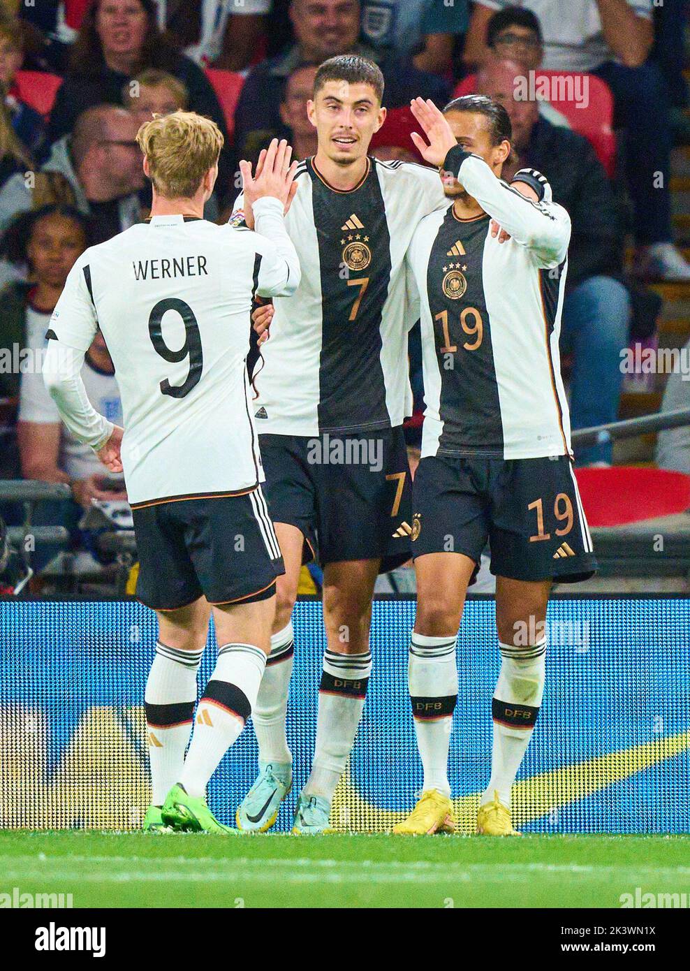 Kai Havertz, DFB 7 celebrates his goal, happy, laugh, celebration, 0-2 with Timo Werner, DFB 9 Leroy SANE, DFB 19  in the UEFA Nations League 2022 match  ENGLAND - GERMANY 3-3  in Season 2022/2023 on Sept 26, 2022  in London, Great Britain.  © Peter Schatz / Alamy Live News Stock Photo