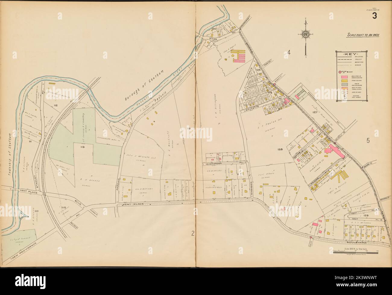 Summit, Double Page Plate No. 3 Map bounded by Morris Ave., Kent Place Blvd., New Providence Ave., Passaic River Sanborn Map Company. Cartographic. Atlases, Maps. 1922. Lionel Pincus and Princess Firyal Map Division. Summit (N.J.), Real property , New Jersey , Summit (N.J.) Stock Photo