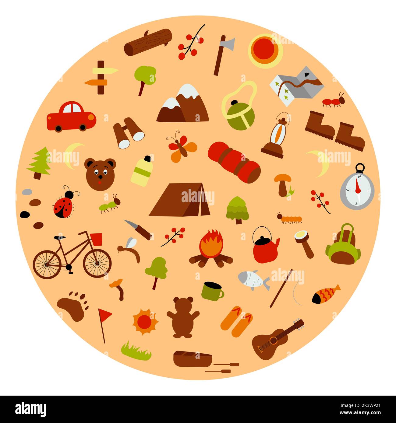 Vector flat set of hiking and camping elements mountains, tent, car