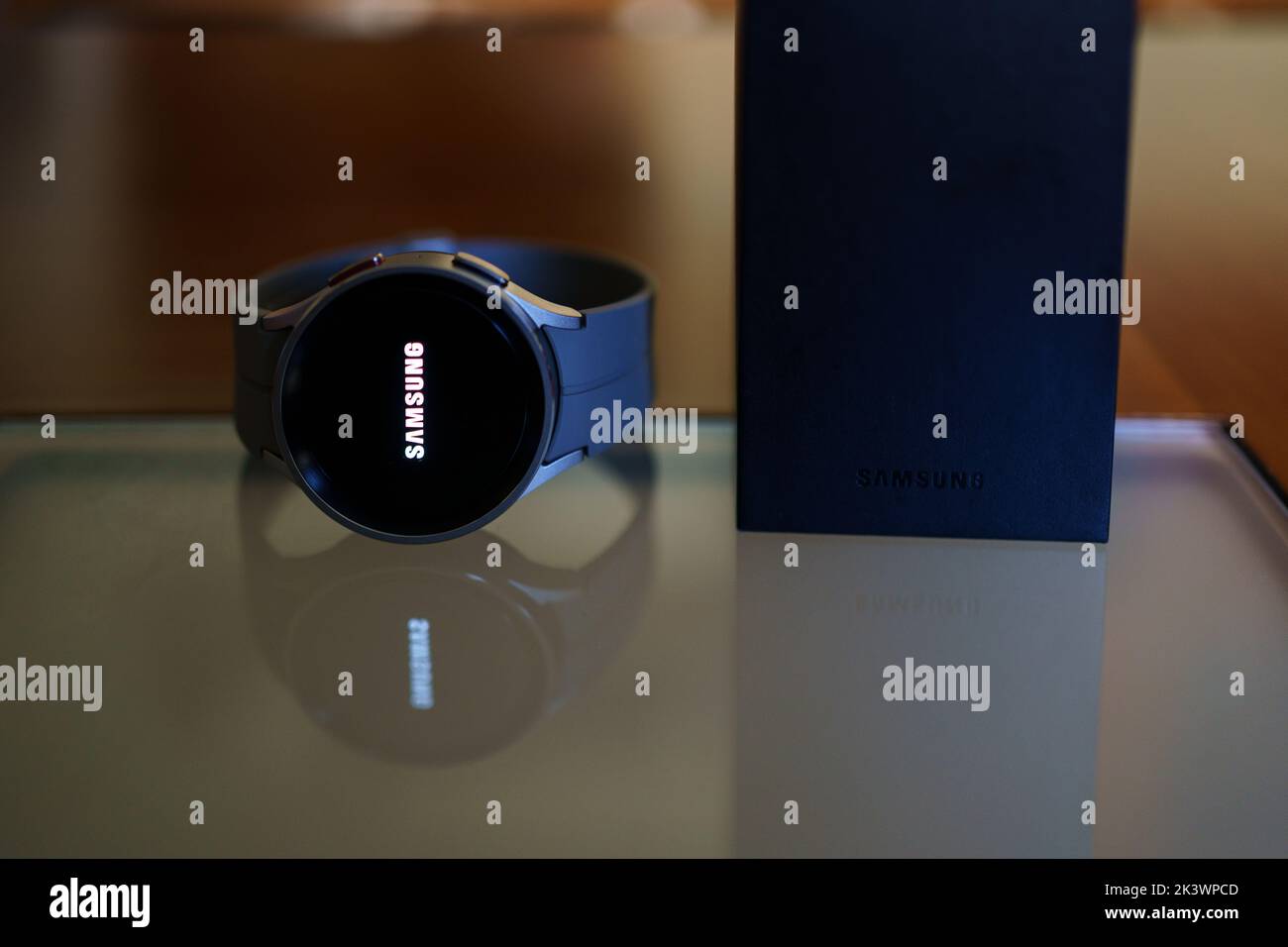 Granada, Andalusia, Spain - September 28, 2022: New Samsung Watch 5 Pro in its box. Stock Photo