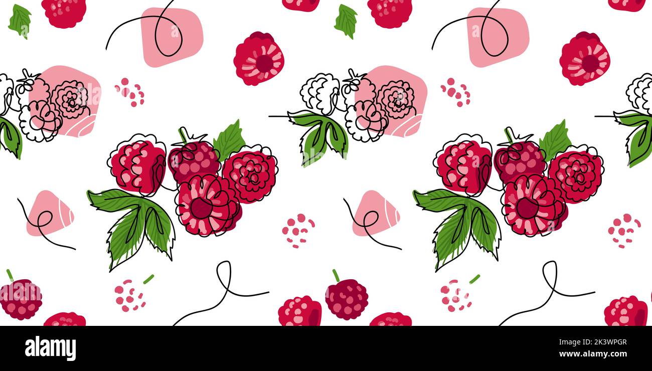Raspberry vector pattern. One continuous line art drawing of raspberry pattern. Stock Vector