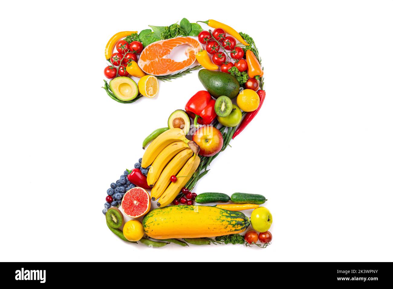 Number 2 made of healthy food. Healthy eating of vegetables, fruits and