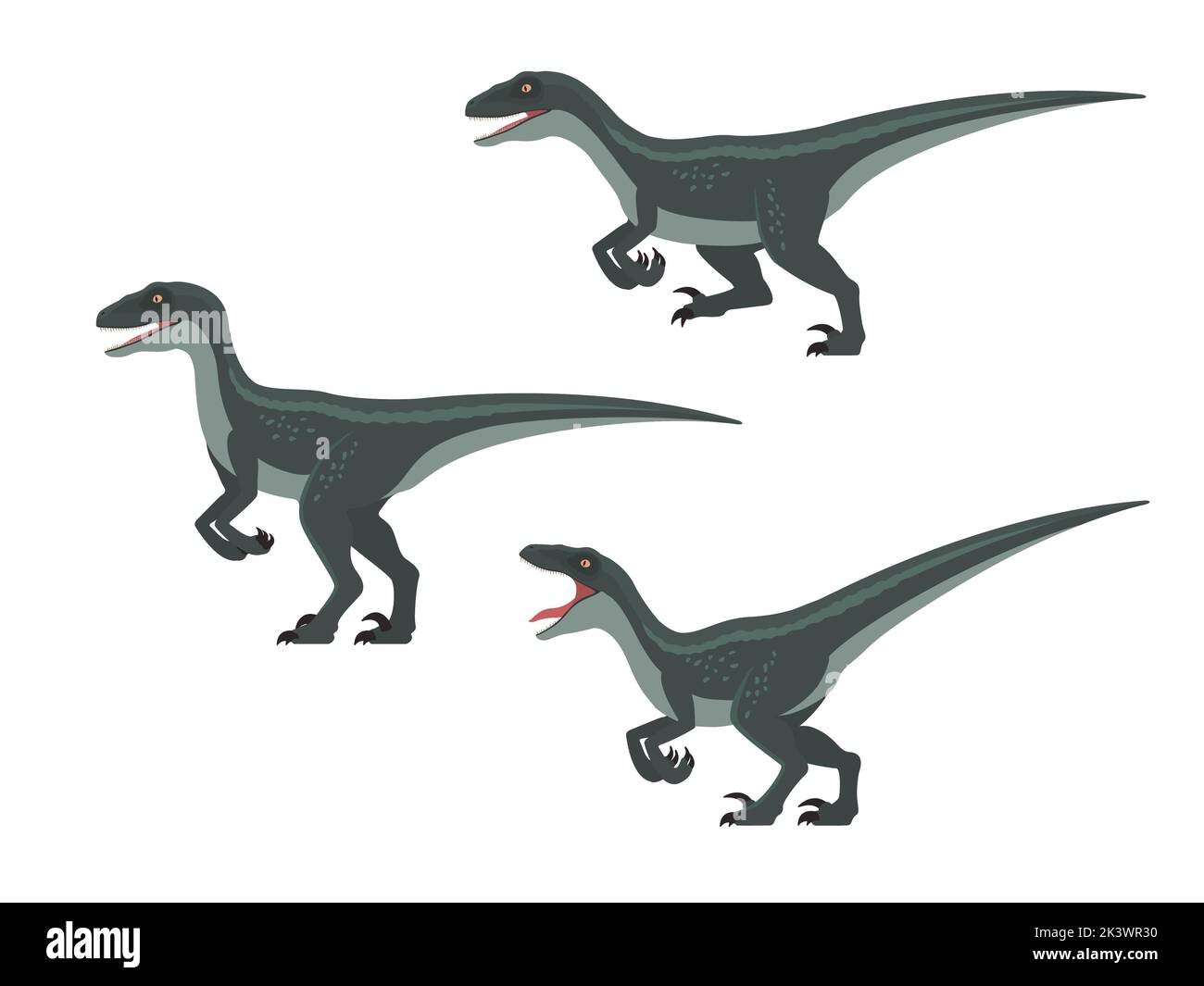 Velociraptor dinosaur set. Vector illustration set green dinosaur velociraptor isolated on white. Flat design, side view. Stock Vector