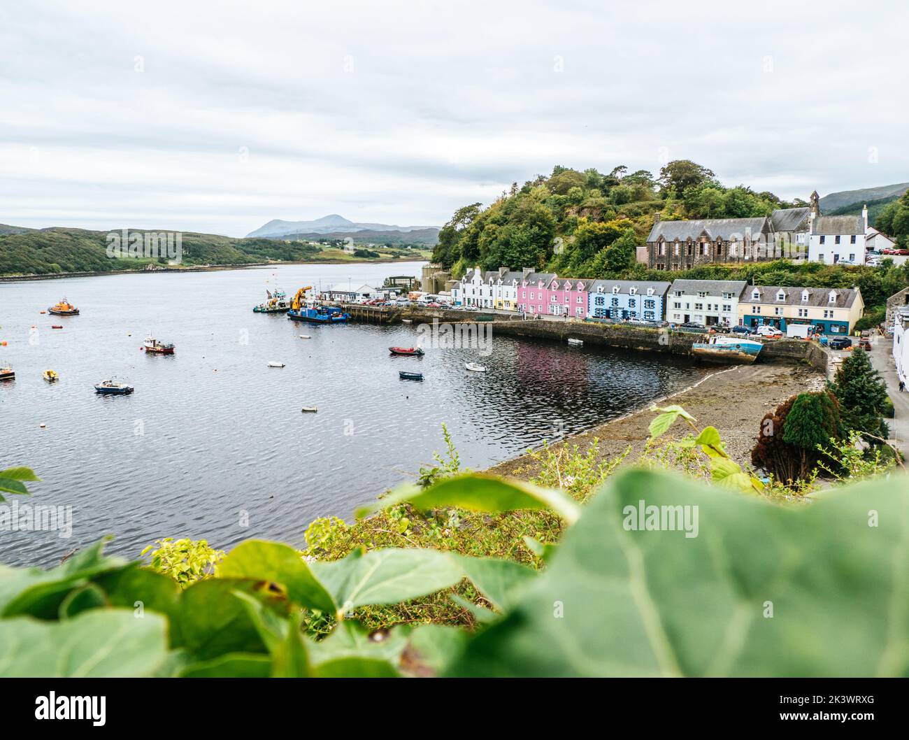 Painted Houses of Portree, a town on, and capital of, the Isle of Skye in the Inner Hebrides of Scotland Stock Photo