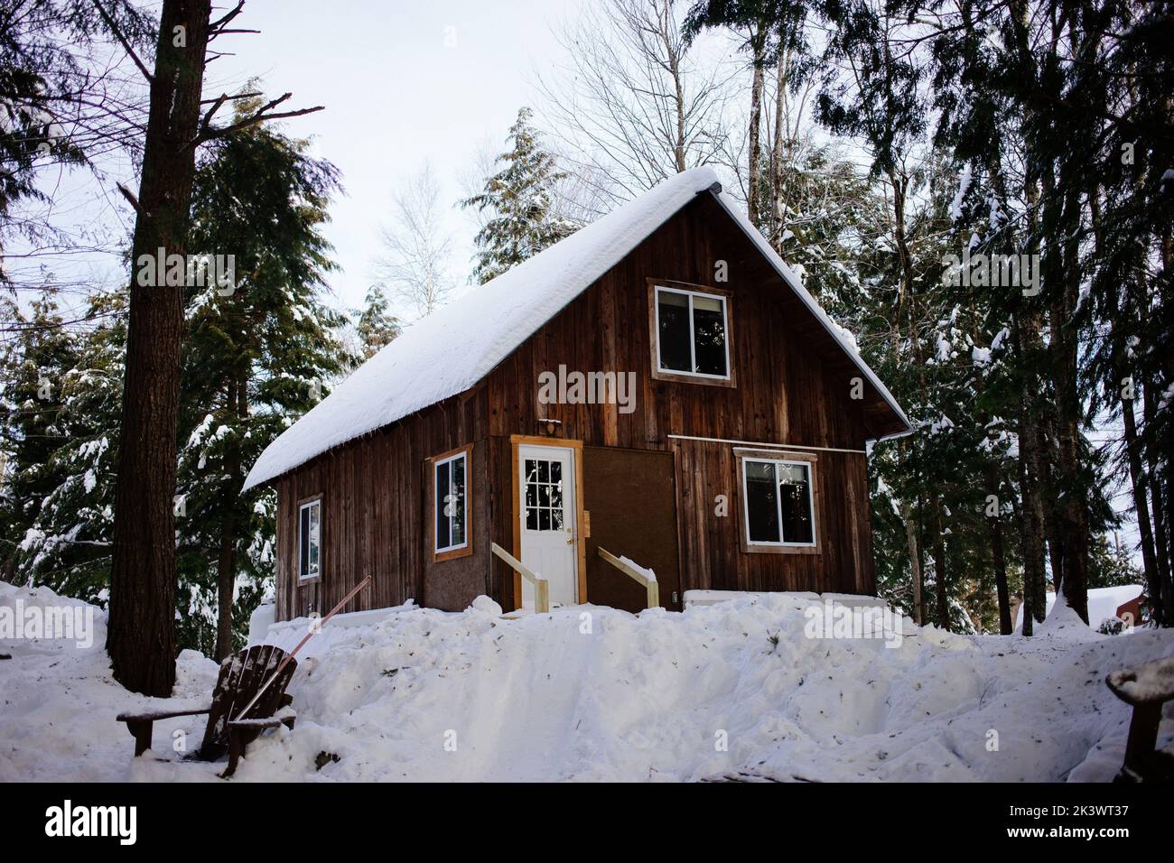 A wooden Log cabin in the woodland surrounded by heavy snow and trees ...