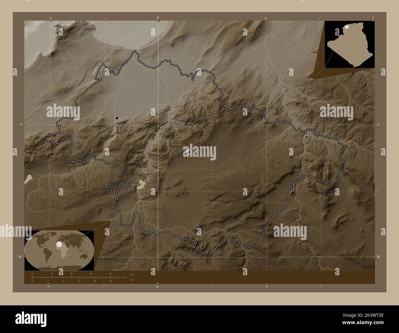Mascara, province of Algeria. Elevation map colored in sepia tones with
