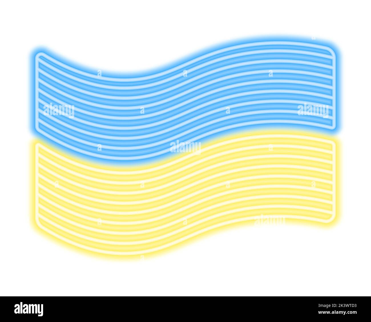 Ukrainian flag. Neon glow. Two-tone fabric. The national symbol of the state develops in the wind. Color vector illustration. Isolated background. Stock Vector
