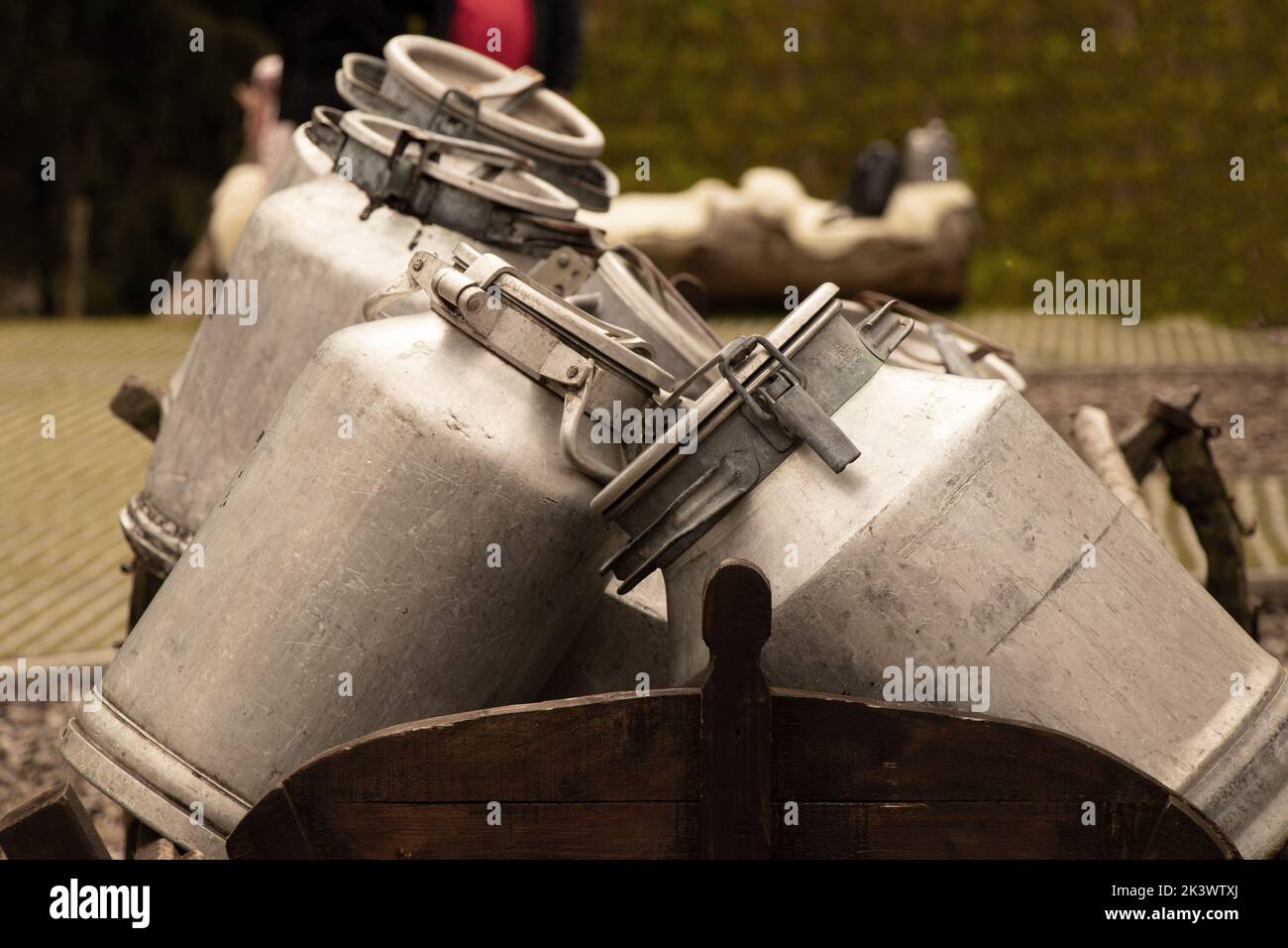 Aluminum milk cans stand on a wooden trailer in a village in Ukraine, milk storage can, farm Stock Photo