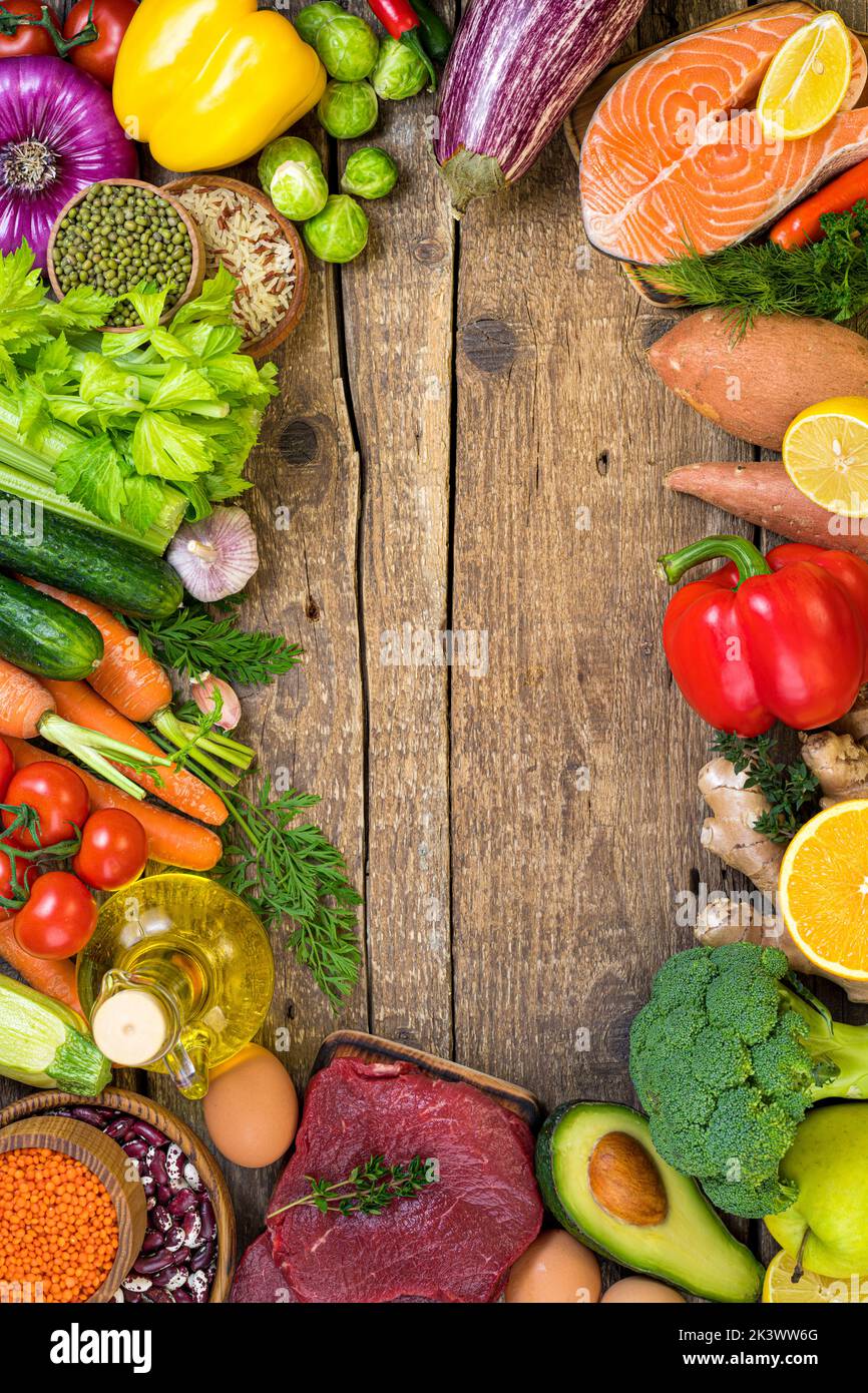 Healthy food background. Selection of balanced food for healthy