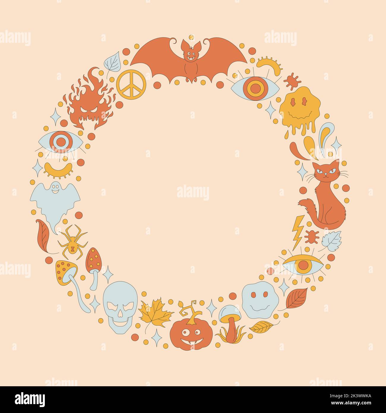 Retro frame with 70s style Halloween elements. Stock Vector