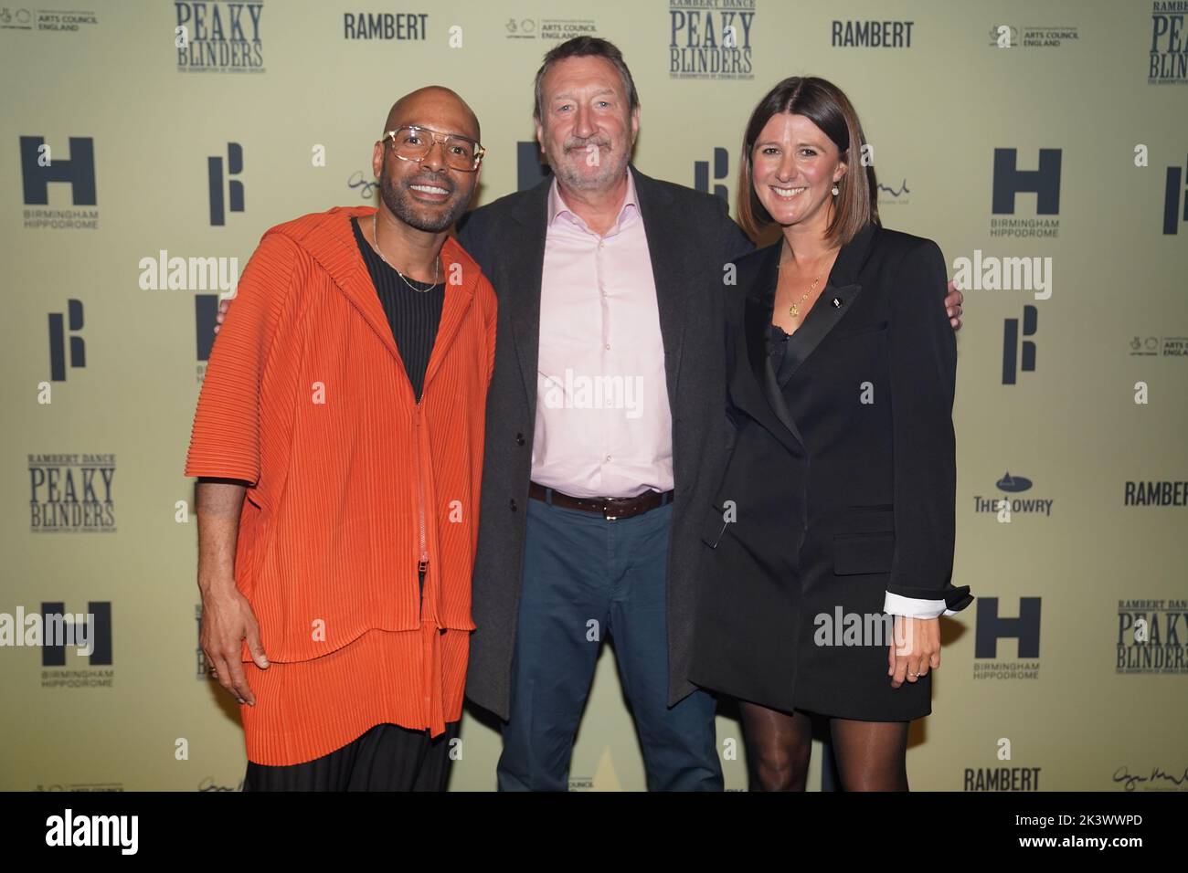 (Left to right) Benoit Swan Pouffer, Artistic Director of Rambert, Steven Knight, creator of Peaky Blinders, and Helen Shute, Chief Executive and Executive Producer of Rambert, attending the opening night of Rambert's Peaky Blinders: The Redemption of Thomas Shelby, at the Birmingham Hippodrome. Picture date: Tuesday September 27, 2022. Stock Photo