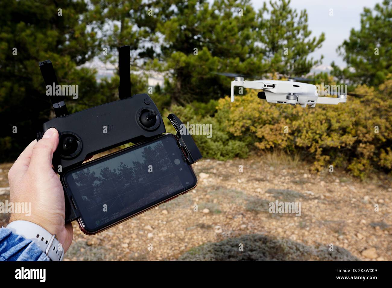A female controlling a drone Stock Photo