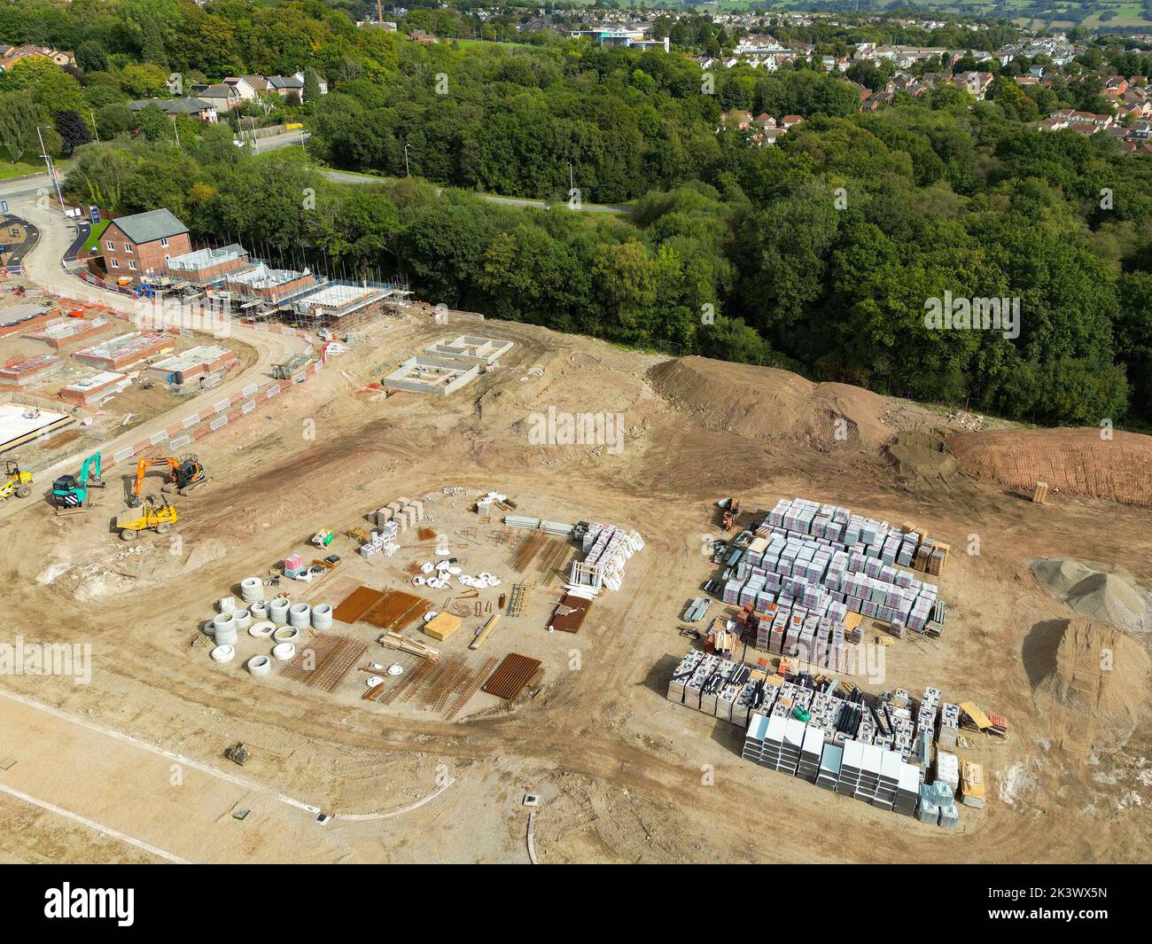 Pontypridd, Wales August 2022 Aerial view of the early stages of a new housing development by