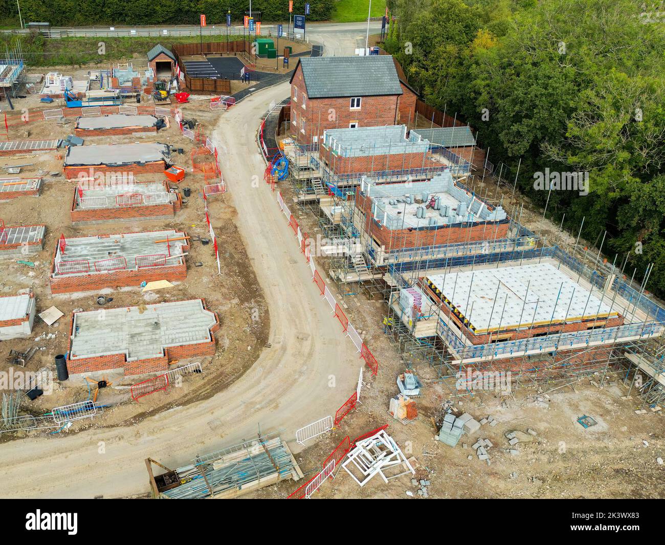 Pontypridd, Wales August 2022 Aerial view of the early stages of a new housing development by