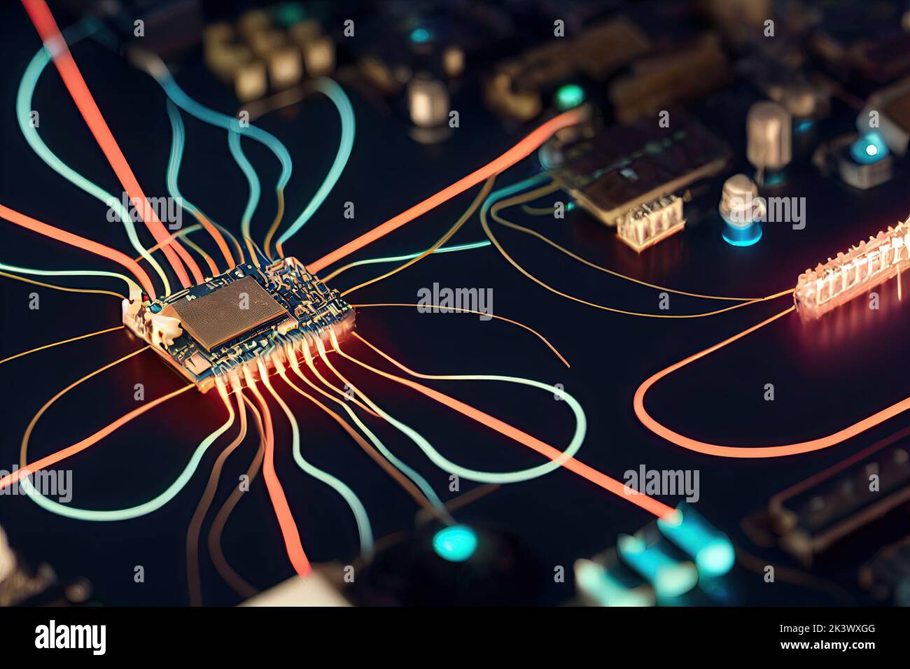 Electronic circuit board with chips and LED lights background. closeup