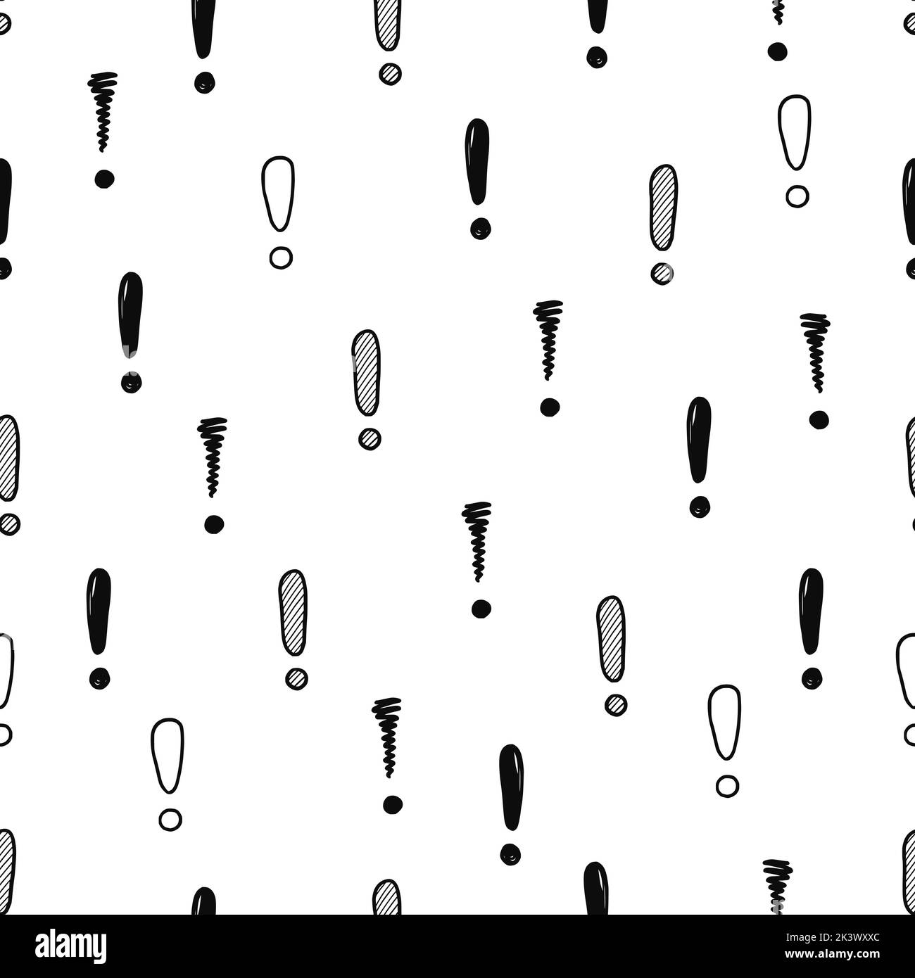Hand drawn exclamation mark seamless pattern. Scribble doodle
