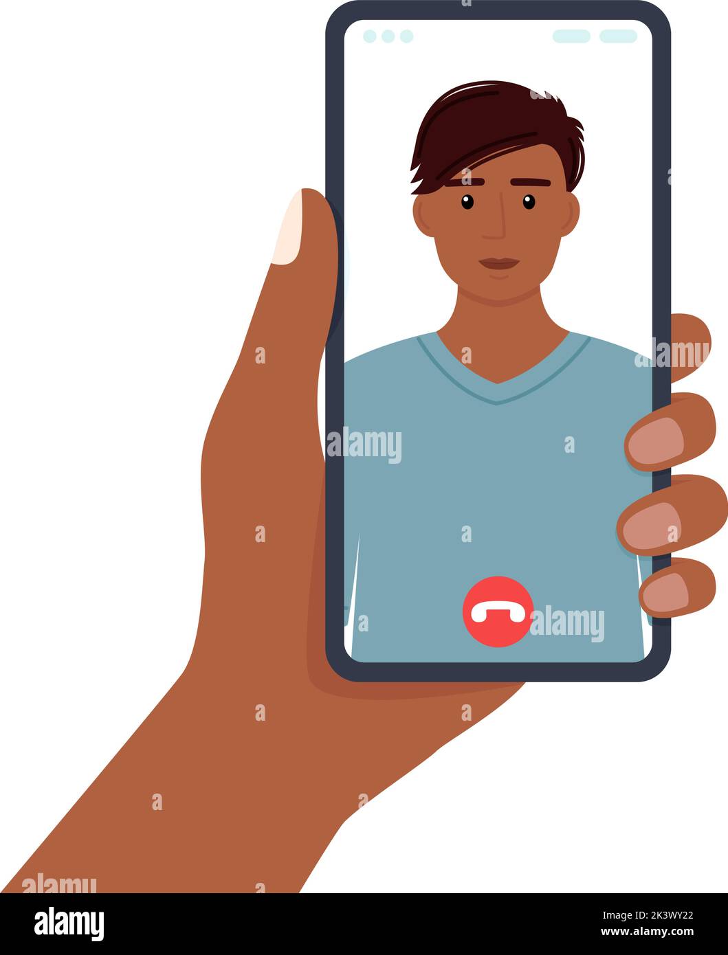 Hand holding phone. Smartphone screen with handsome man. Video call