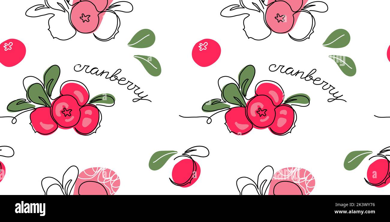 Cranberry, cowberry vector pattern. One continuous line art drawing cranberries pattern. Stock Vector