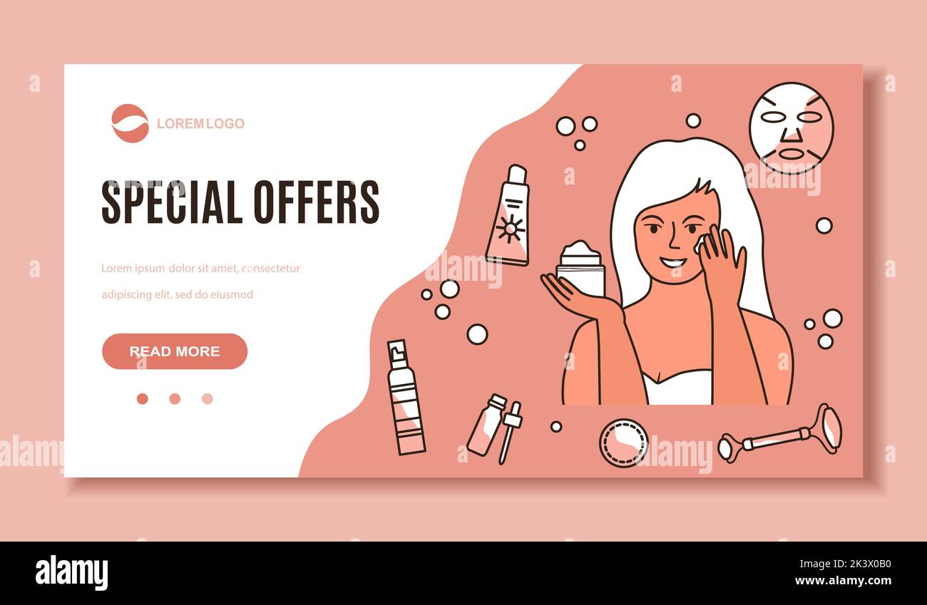 Vector illustration Cosmetic products ad, skin care ad. Special Offers Discount. Woman applying