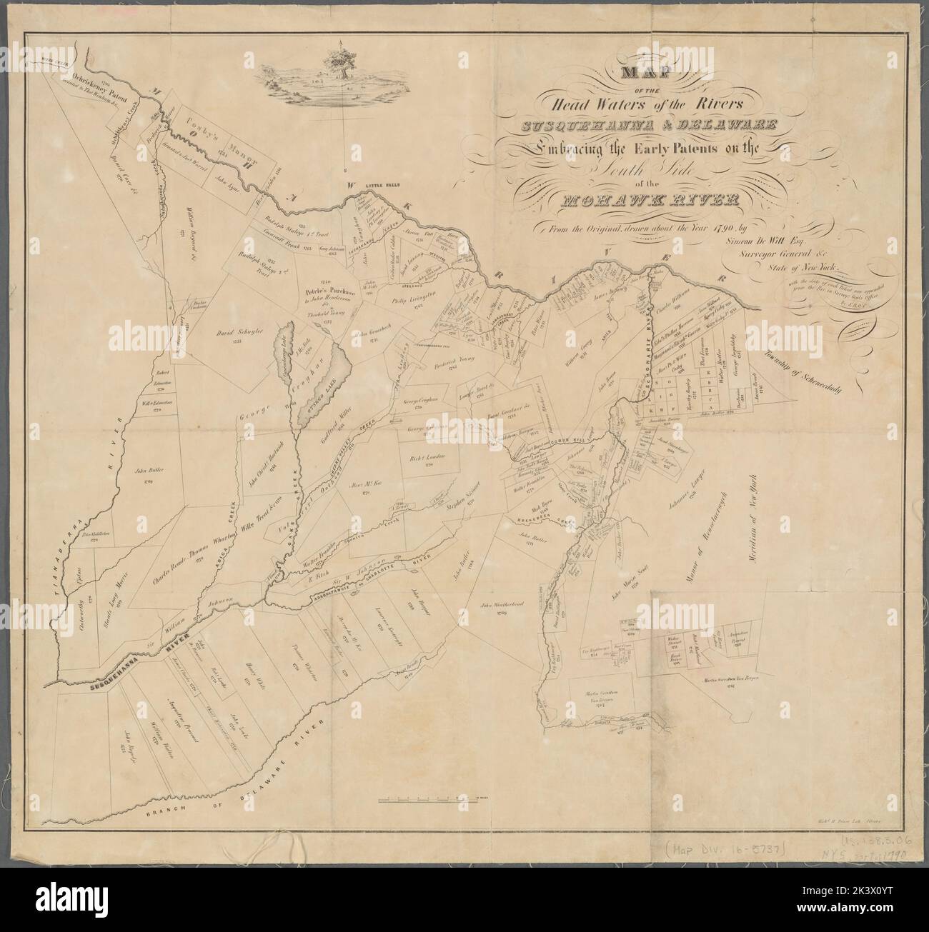 Map of the head waters of the rivers Susquehanna & Delaware: embracing the early patents on the south side of the Mohawk River : from the original, drawn about the year 1790 Cartographic. Maps. 1847 - 1855. Lionel Pincus and Princess Firyal Map Division. Real property , New York (State), Landowners , New York (State), Land grants , New York (State), New York (State), Susquehanna River Valley, Delaware River Valley (N.Y.-Del. and N.J.), Mohawk River Valley (N.Y.), Schoharie Creek Watershed (N.Y.) Stock Photo