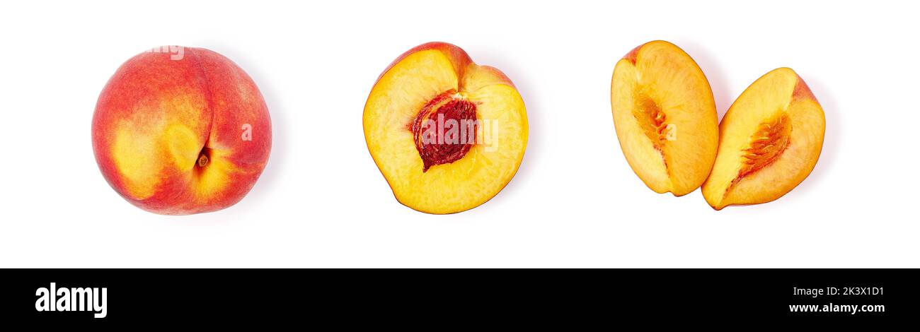 Set of whole peach and slices isolated on white background. Clipping path Stock Photo
