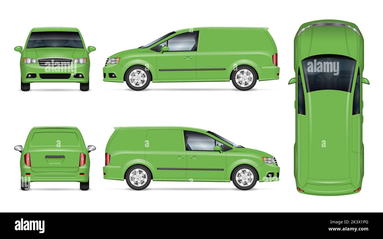 Green mini van vector mockup on white background for vehicle branding, corporate identity. View from side, front, back, top. All elements in the group Stock Vector