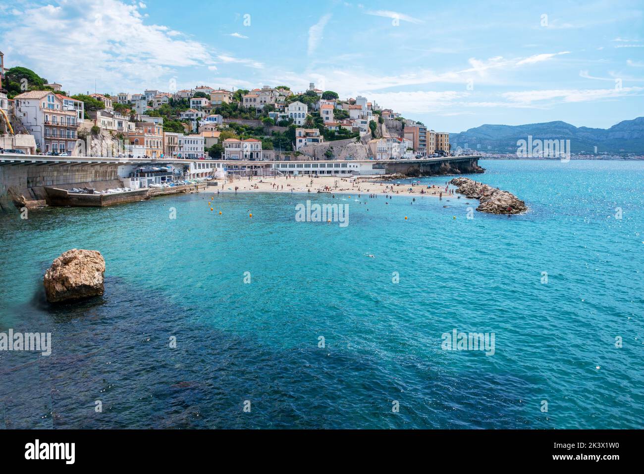 Amazing view on suburbs of Marseille  with beach and people  (distant  - unrecognizable persons) Stock Photo