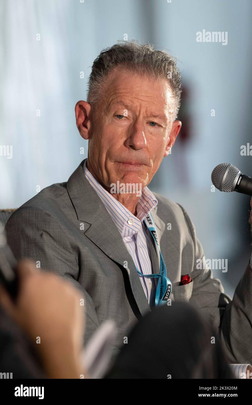 Texas singer songwriter LYLE LOVETT answers a question during an interview session at the annual Texas Tribune Festival in downtown Austin on September 24, 2022.  Lovett won a Grammy award for one of his songs. Stock Photo