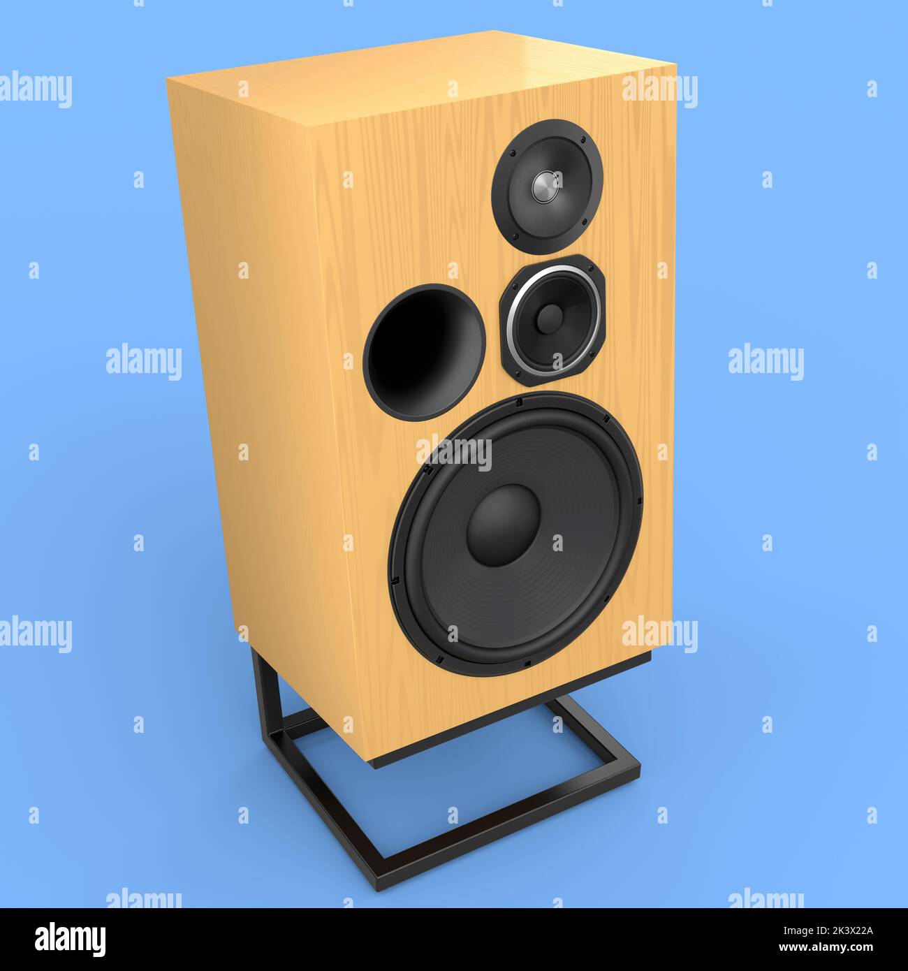 Hi-fi speakers with loudspeakers on stand isolated on blue background. 3d render audio equipment like boombox for sound recording studio Stock Photo