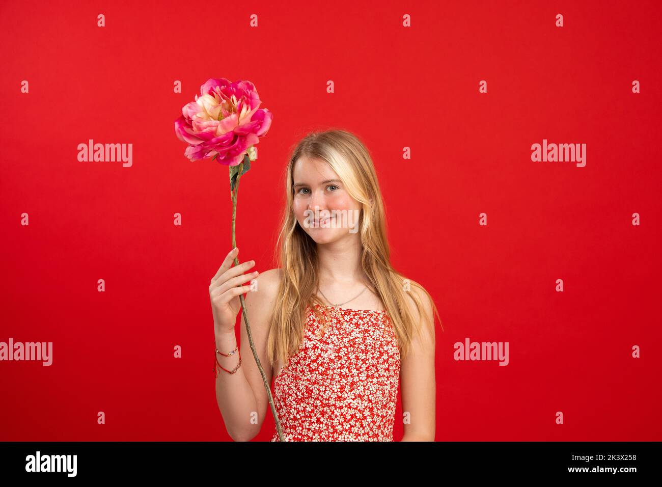 Portrait of cheerful amazing teenage girl with fair hair holding raising hand with flower pink peony on red background. Stock Photo